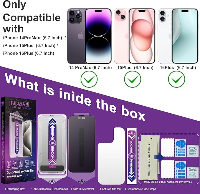 CHRYSHA 2 Pack Matte Privacy Screen Protector for iPhone 14 Pro Max/iPhone 15 Plus/iPhone 16 Plus, 9H Tempered Glass, Full Coverage, Anti-Fingerprint, Auto Dust-Elimination, No Bubble, Easy Installation