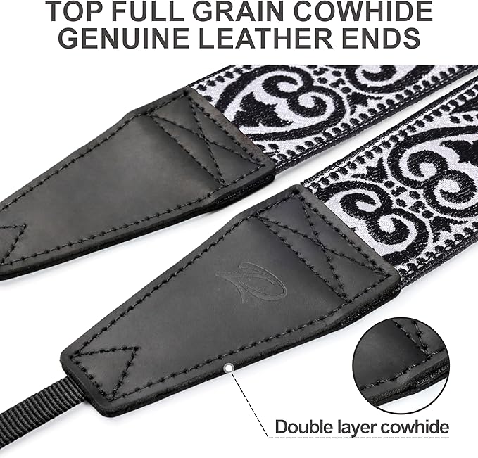 Padwa Lifestyle Camera Strap - 2" Full Grain Leather Ends Camera Straps for Photographers, Vintage Silver Embroidered Cotton Weave Soft Suede Fabric Padded Strap Quick Release fits All Cameras