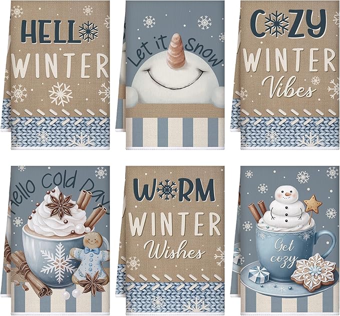 Preboun 6 Pcs Winter Snowman Kitchen Towels Christmas Snowman Cocoa Hand Towels Hello Winter Dish Cloth Decorative Farmhouse Xmas Tea Cloth Absorbent for Holiday Kitchen Bathroom Decor