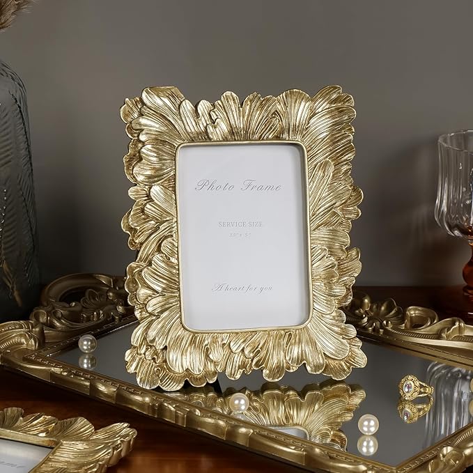 Cuspin 3x5 Picture Frame Small Gold Frames, Vintage Gold Palm Leaves Textured Hand-Crafted Resin with Glass Front, Elegant Retro Photo Frame for Wall and Tabletop Display Home Decor