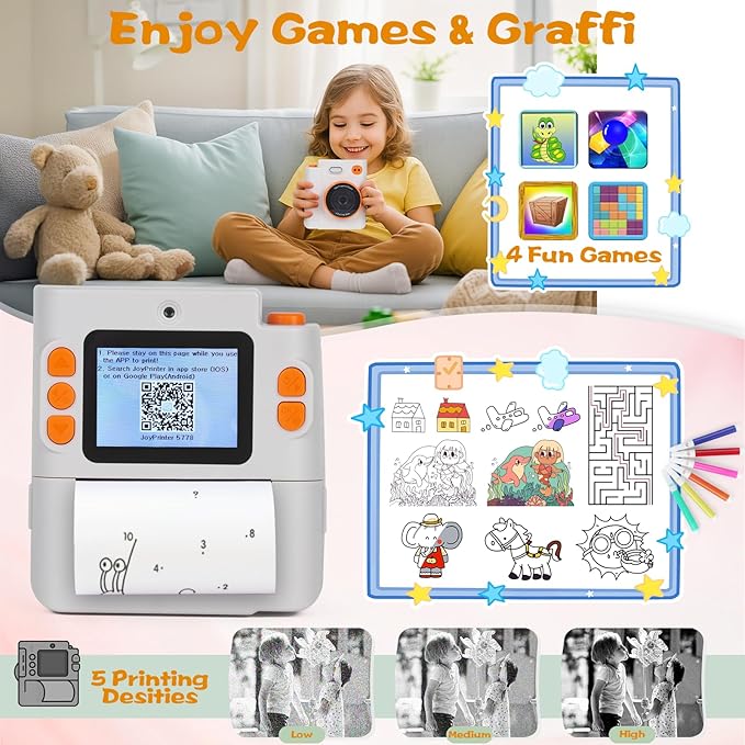 Kids Camera Instant Print, 1080P HD Dual-Lens Selfie Digital Camera with 5 Printing Paper Rolls & 32G TF Card, for Children, Portable Toddler Toy for Age 3-12 Boys & Girls (White)