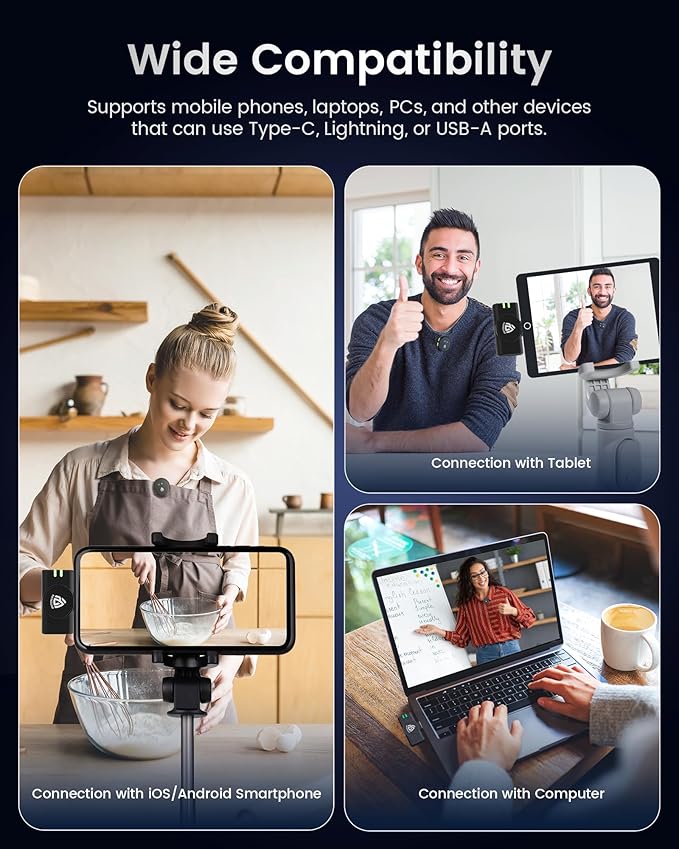 Wireless Lavalier Microphone for iPhone 15/16/17 & Android, Mini Microphone with 48kHz 24Bit, Hi-Fi Audio, AI Noise Cancelling, Mini Mics for Vlogging, Video Recording, TikTok, YouTube, Plug & Play