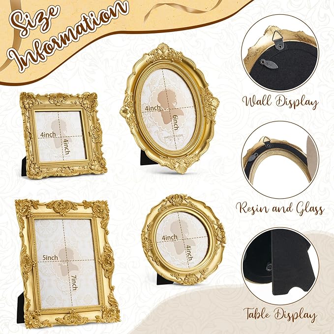 4 Pcs Vintage Picture Frames 5x7 4x6 4x4 inch Baroque Gold Resin Photo Frames with Glass Front Ornate Wall Hanging and Tabletop Display for Retro Home Decoration Wedding Gallery Hotel(Floral)