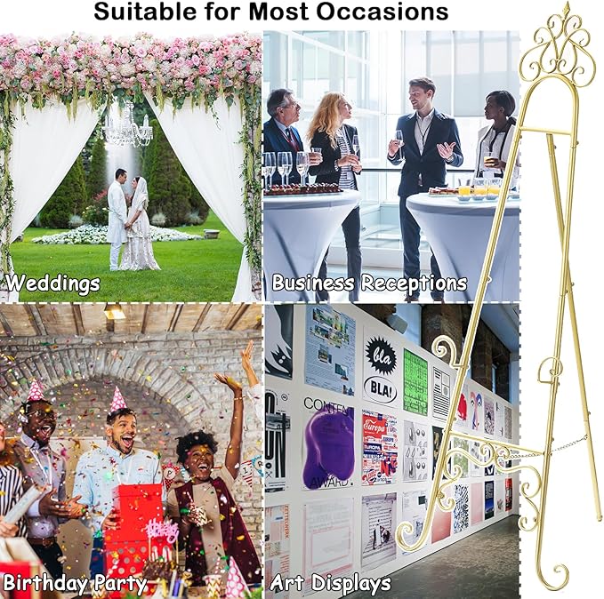 Metal Easel Stand for Sign with Chain Support, Gold Extra Large Scroll Floor Standing Easel for Display Wedding Sign Picture Frame Mirror, 59" H × 22" L × 20" W