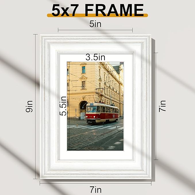Vittanly 5x7 Picture Frames Set of 2, Ornate Vintage Photo Frame for Wall or Tabletop, Display 4x6 Pictures with Mat or 5x7 without Mat, Rustic White