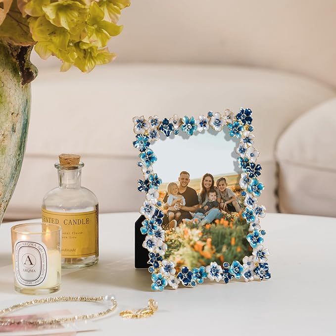 Blue Flower Picture Frame 4x6 Blossom Photo Frame for Tabletop Display, Decorative Flower Design Home Decor