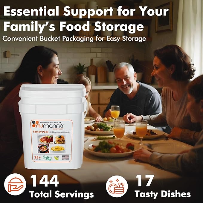 Numanna Family Pack Bucket 3,456 Servings 24-Months Emergency Meal Kit | Easy-to-Prepare, Non-GMO Freeze-Dried Survival Food | Everyday Meals in Resealable Pouches | Made in USA | 25+ Year Shelf Life