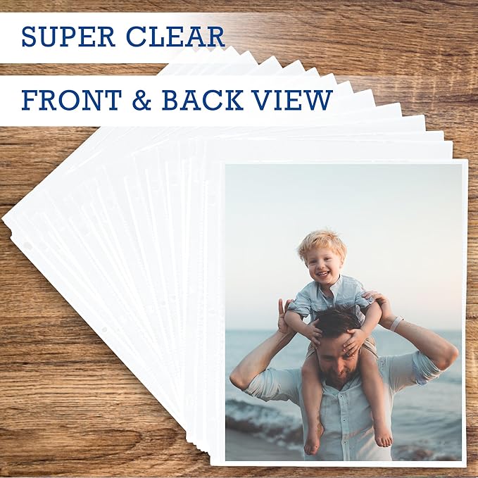 Samsill 50 Pack Full Page Photo Storage for 8x10 Photos, 8.5x11 Inch Clear Sheets Fit in Standard 3 Ring Photo Album, Top Loading, 100 Pictures Total