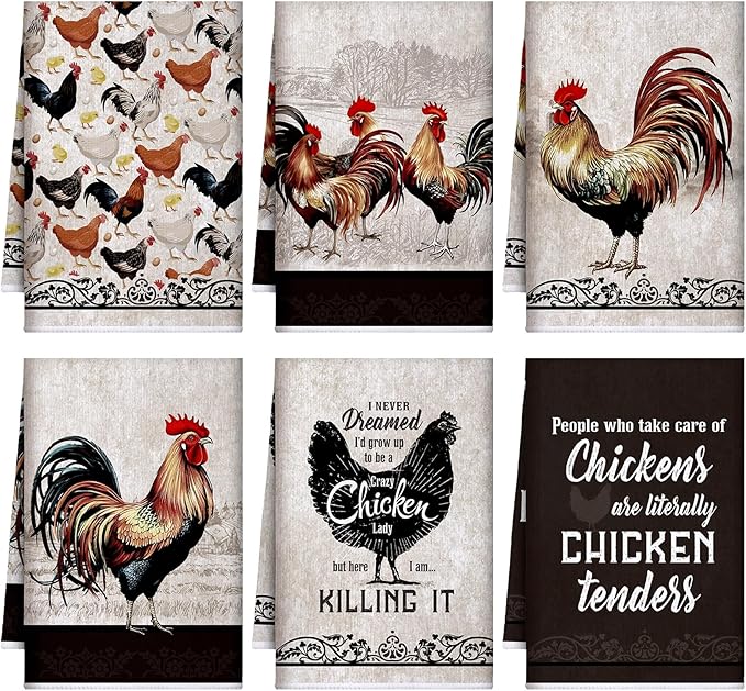 6 Pcs Retro Rooster Kitchen Towels Chicken Dish Towels Christian Farmhouse Vintage Hand Cloths Rustic Chicken Mom Gifts for Christmas Bathroom Decor Housewarming Gifts