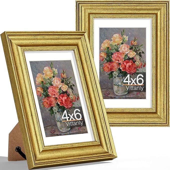 Vittanly 4x6 Picture Frames Set of 2, Ornate Vintage Photo Frame for Wall or Tabletop, Display 3.5x5 Pictures with Mat or 4x6 without Mat, Rustic Gold
