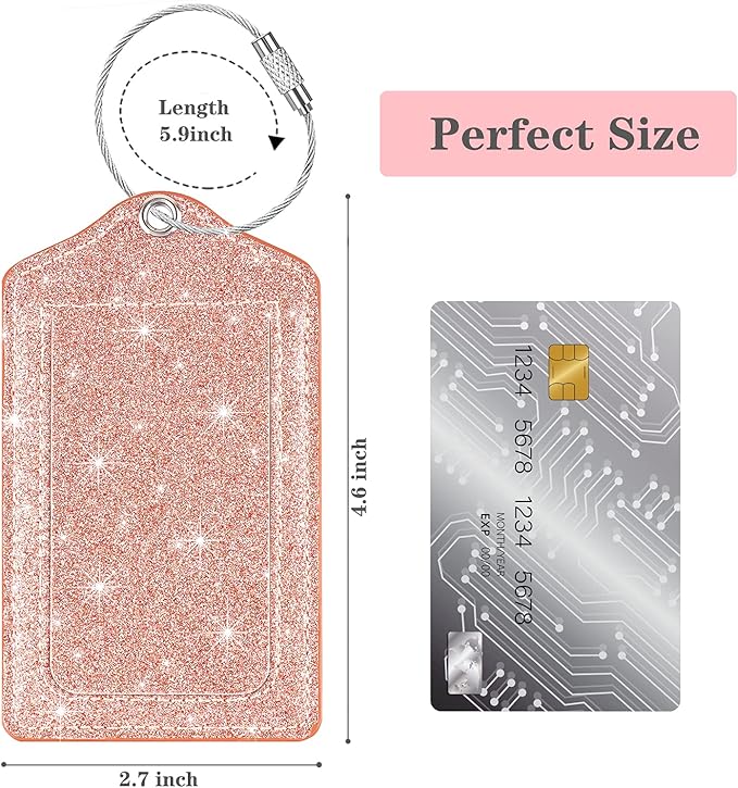 (Set of 2) Luggage Tag Leather Privacy Cover ID Label Address Card with Stainless Steel Loop, Travel Bag Tags Suitcase Labels, Glitter Rose Gold