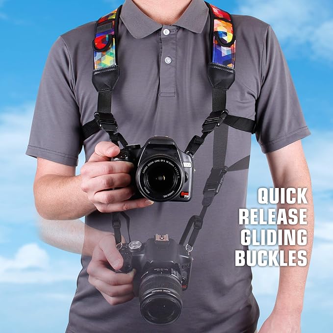 USA Gear DSLR Camera Strap Chest Harness with Quick Release Buckles, Geometric Neoprene Pattern and Accessory Pockets - Compatible with Canon, Nikon, Sony Point and Shoot and Mirrorless Cameras