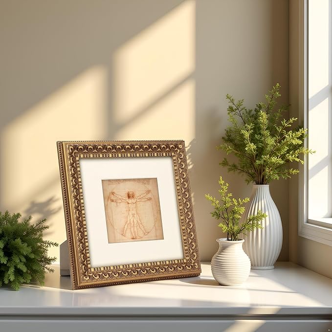 8x8 in Antique Gold Ornate Vintage Wood Picture Frame, Matted for 5x5 Photos, Real Glass Protection, Tabletop or Wall Mounting Display
