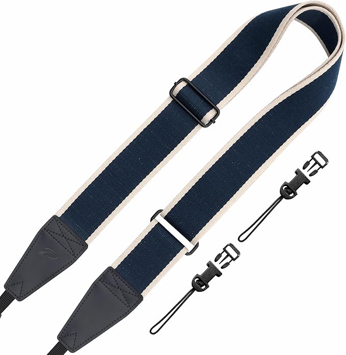 Padwa Lifestyle Adjustable Camera Strap - 2" Top Layer Cowhide Head Camera Straps for Photographers,Soft Cotton Crossbody Strap with Quick Release fits All Cameras - Blue Stripe