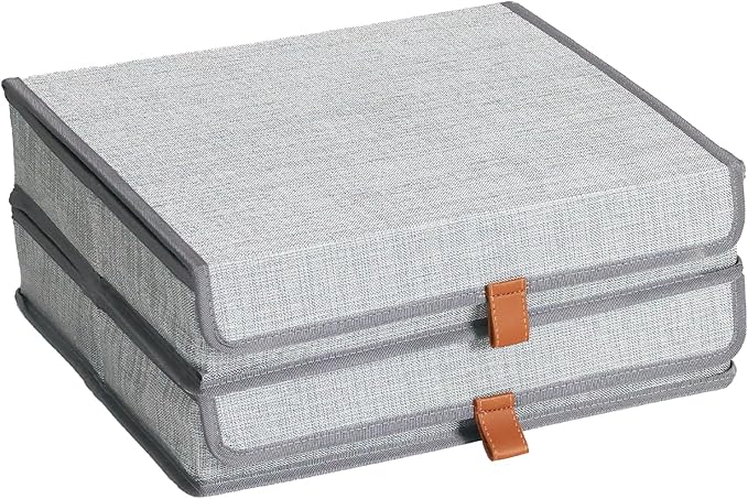 ORGMASTER Photo Storage Boxes with Lids, Memory Box for Keepsakes, Picture Organizer Versatile Linen Containers Basket Collapsible Bin for Organizing Home Office, 2 Pack, 14x10.8x2.5 Inch, Gray