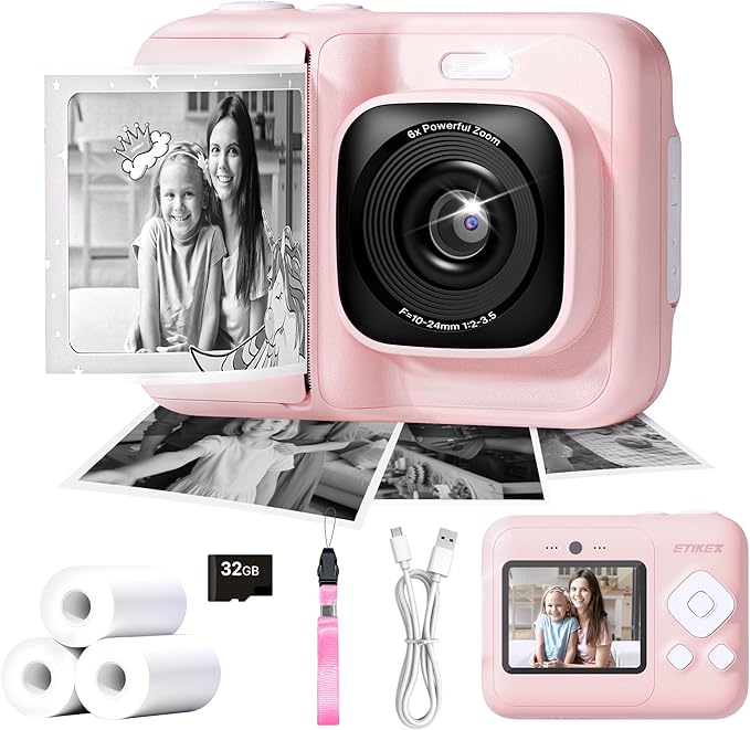 ETIKEZ Kids Camera, 1080P Instant Digital Print Camera for Kids, Christmas Birthday Gifts for 4 5 6 7 8 9 10 Year Old Girls Boys, Portable Toy with 32GB SD Card & 3 Rolls Printing Paper, Pink