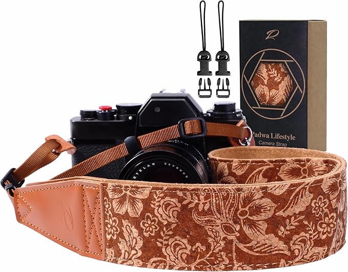 Padwa Lifestyle Cork Camera Strap - 2" Top Layer Cowhide Head Camera Straps for Photographers,Natural Log Crackle Art Print Style,Soft Chamois Velvet Padded Strap Quick Release fits All Cameras