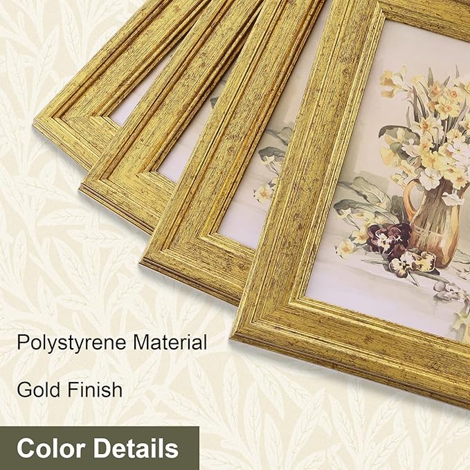 Vittanly 5x5 Picture Frame Set of 4, Vintage Photo Frame for Wall or Tabletop, Display 5x5 Pictures, Rustic Farmhouse Home Decor, Gold