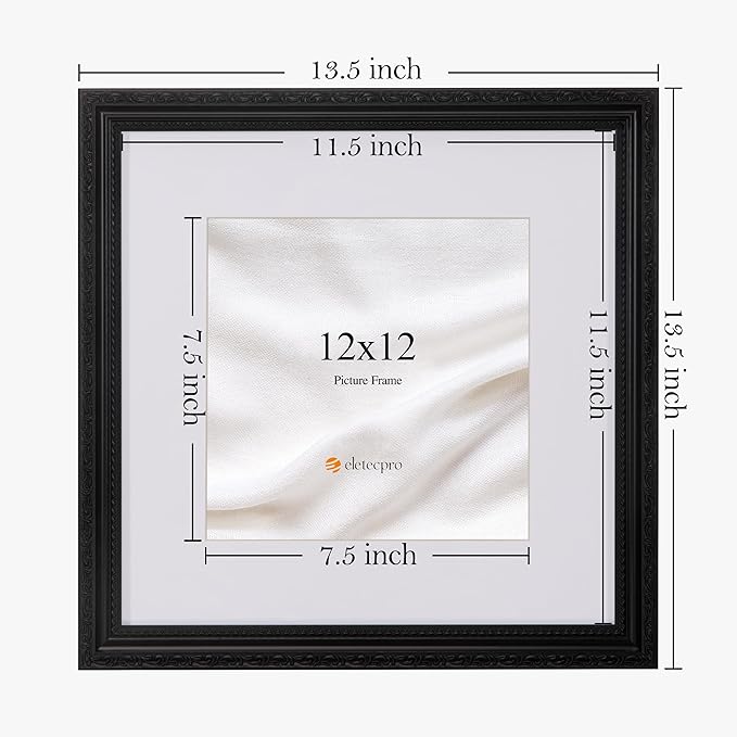 eletecpro 12x12 Picture Frames Set of 4, Vintage Frame with Glass Cover, Rustic Photo Frames 12 x 12 Display 8x8 Photo with Mat or 12x12 without Mat for Home Wall Decor, Black