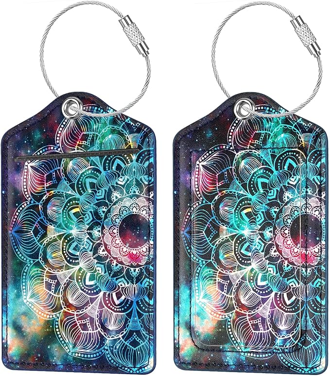 (Set of 2) Luggage Tag Leather Privacy Cover ID Label Address Card with Stainless Steel Loop, Travel Bag Tags Suitcase Labels, Mandala