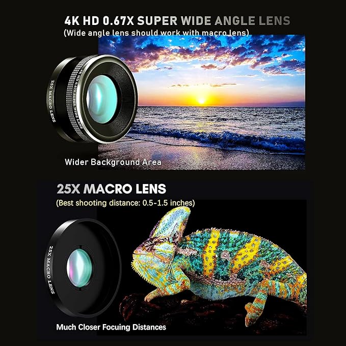 Updated COSULAN 4-in-1 Phone Camera Lens Kit, Come with 22X Telephoto Lens, 205° Fisheye Lens, 4K 0.67X Wide Angle Lens, 25X Macro Lens, Clip, and Phone Mini Tripod for iPhone and Android Phone Series