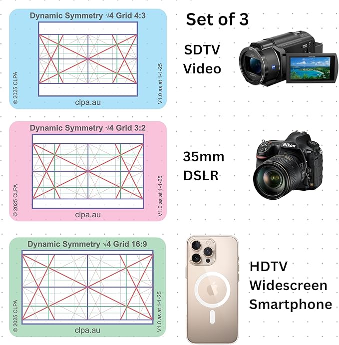 CLPA Dynamic Symmetry Root 4 - Directors and Artists Camera and Drawing Viewfinder: Credit Card-Sized Composition Grids for Video, Photography & Art - Set of 3 View Finders in 4:3, 3:2, & 16:9