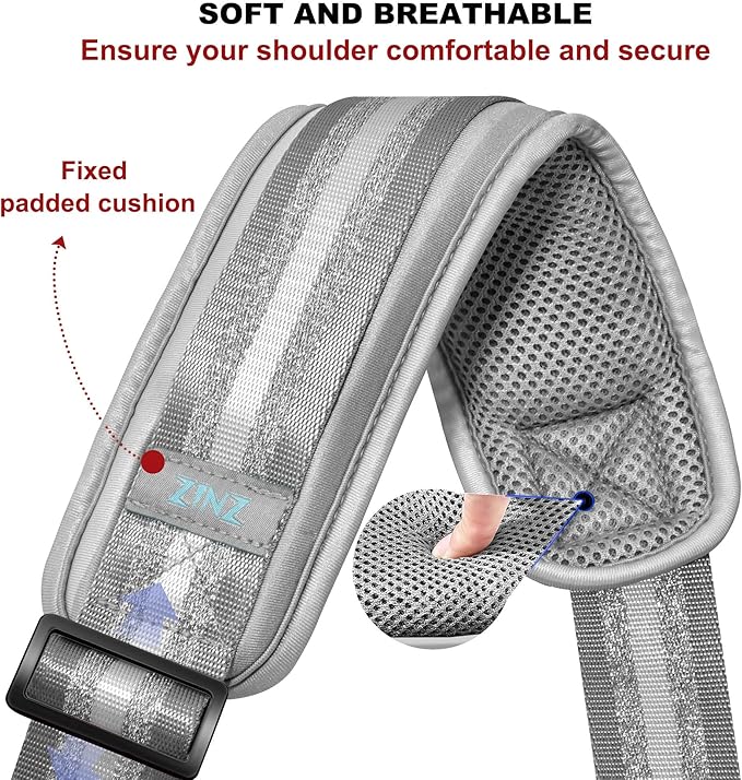 ZINZ 74" Shoulder Strap with Fixed Pad and Dual Balanced Buckles，Gray Silver Jacquard