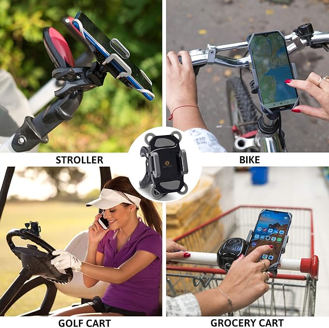 Baby Stroller Phone Holder, Shopping Cart, Golf Cart, Push Cart, Bike Phone Mount, for Motorcycle, Scooter, ATV, Boat, Spin Bike, Treadmill, Handlebar- Universal- iPhone, Cell Phone Clamp (Grey)