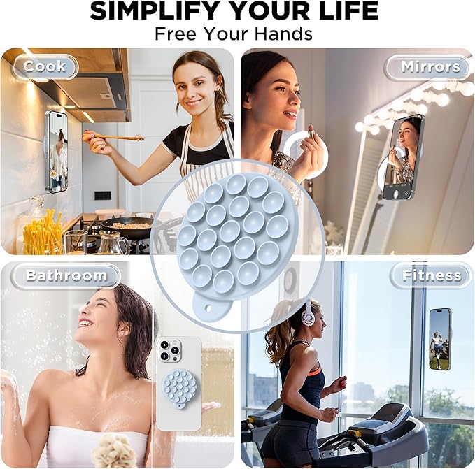 Magnetic Suction Cup Phone Mount with MagSafe, Silicone Hands-Free Grip Holder for iPhone Case and Android, Mirror Shower Phone Stand for Makeup FaceTime Gym Kitchen Bathroom, Baby Blue
