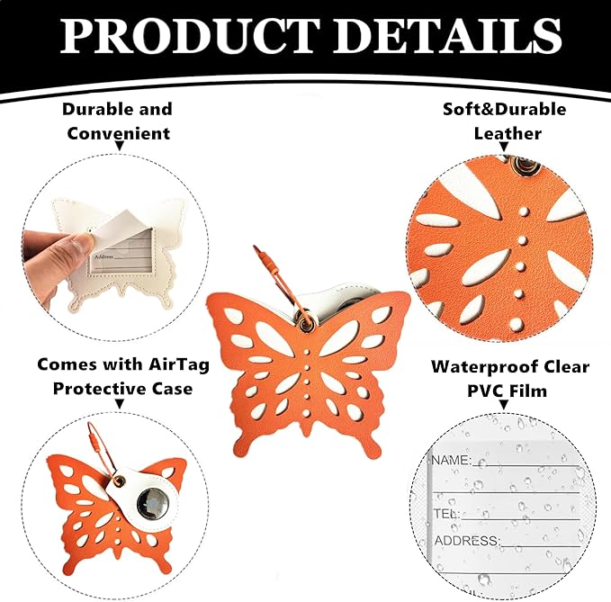Cute Leather Luggage Tag Holder Case Compatible with AirTag,Hidden Compartment for Travel Suitcase Tracking Case with Stainless Steel Loop,Name ID Label(Butterfly C)