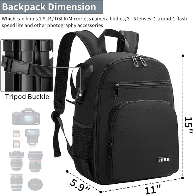 IPEB Camera Backpack for DSLR/SLR/Mirrorless Bag Professional Waterproof Camera Case 11"X5.9"X15" for Photographers Grey