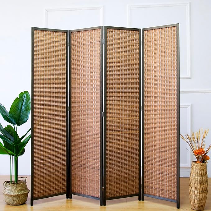 4 Panel Bamboo Room Divider and Folding Panel Screen,Bamboo Panel Divider for Room Separation,Brown,67" H x 61.4" W