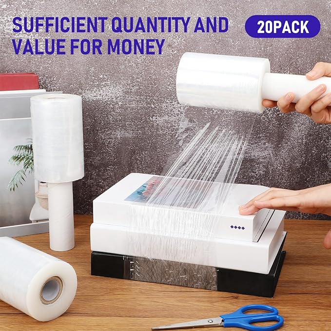 Sherr 20 Rolls 5 Inch x 800 Feet Clear Stretch Shrink Wrap Film with Handle 80 Gauge Heavy Duty PE Industrial Plastic Wrap for Packing, Moving, Furniture & Pallet, Self Adhering Packaging Film