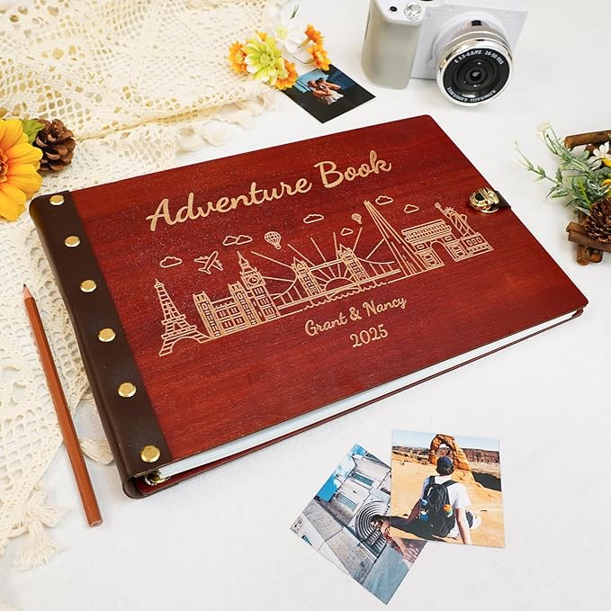 Custom Travel Scrapbook, Personalized Travel Photo Album with Wooden Cover, Adventure Book Scrapbook Keepsake Gifts, Vacation Photo Album to Hold Your Stories