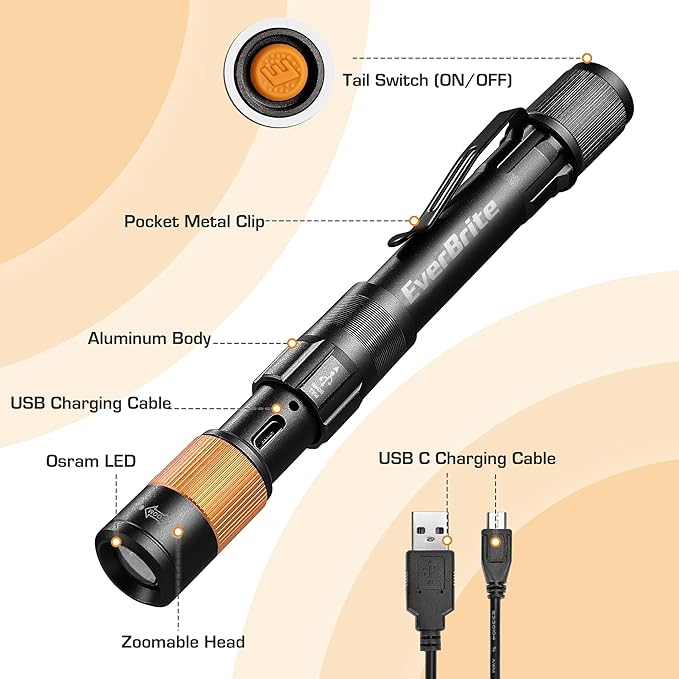 EverBrite Rechargeable Pen Light, 300 Lumens EDC Flashlight, Zoomable LED Pocket Flashlight with Clip, Memory Function and USB C Cable Included, for Camping, Emergency, Charcoal Black