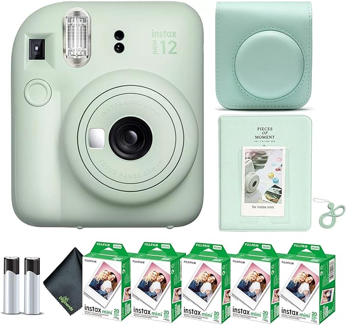 Fujifilm Instax Mini 12 Instant Camera Mint Green Bundle with Fuji Instax Mini Film Value Pack (100 Sheets) + Protective Carrying Case + Photo Album + Microfiber Cleaning Cloth