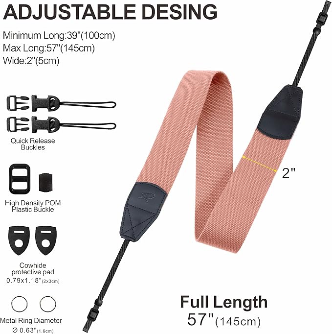 Padwa Lifestyle Pink Camera Strap - 2" Wide Cotton Woven Genuine Leather Head Camera Straps,Complimentary 2 Pcs Quick Release Clips for All DSLR/SLR Cameras, Binoculars and Drone Remote Control