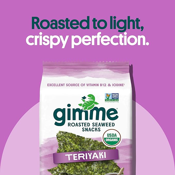 Gimme Seaweed Organic Premium Roasted Seaweed Snacks, Teriyaki, 20 Count, Keto, Vegan, Gluten-Free, Great Source of Omega3s and Iodine, Healthy On-The-Go Snack for Kids and Adults