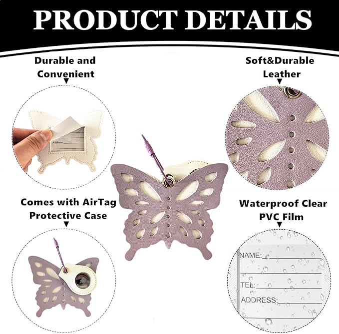 Cute Leather Luggage Tag Holder Case compatible with AirTag,Hidden Compartment for Travel Suitcase Tracking Case with Stainless Steel Loop,Name ID Label(Butterfly A)