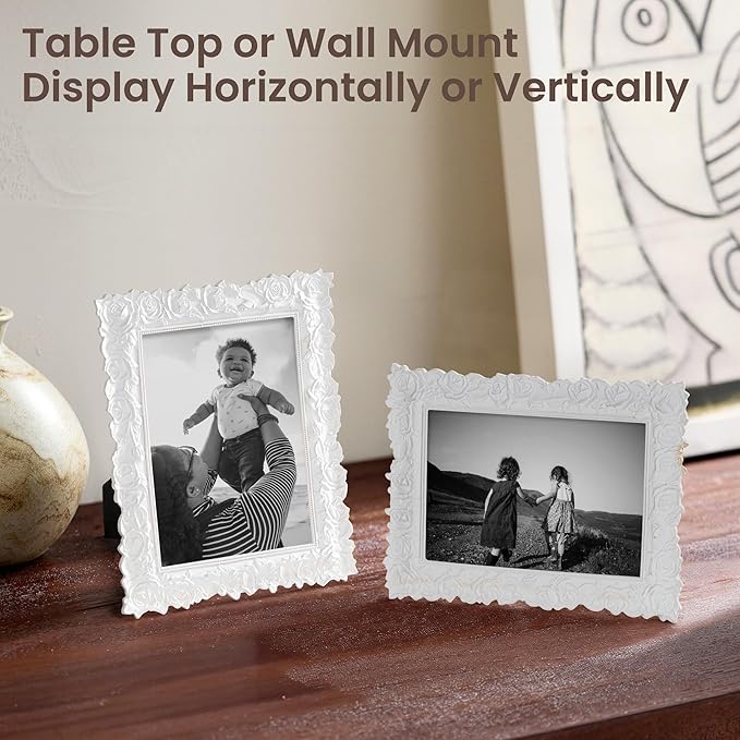 Axeman Vintage Picture Frames 5x7 | 5 x 7 Antique Picture Frame with Real Glass | Ornate Rose 5x7 Frame for Wall & Tabletop Display | Retro 5 by 7 Frame - White