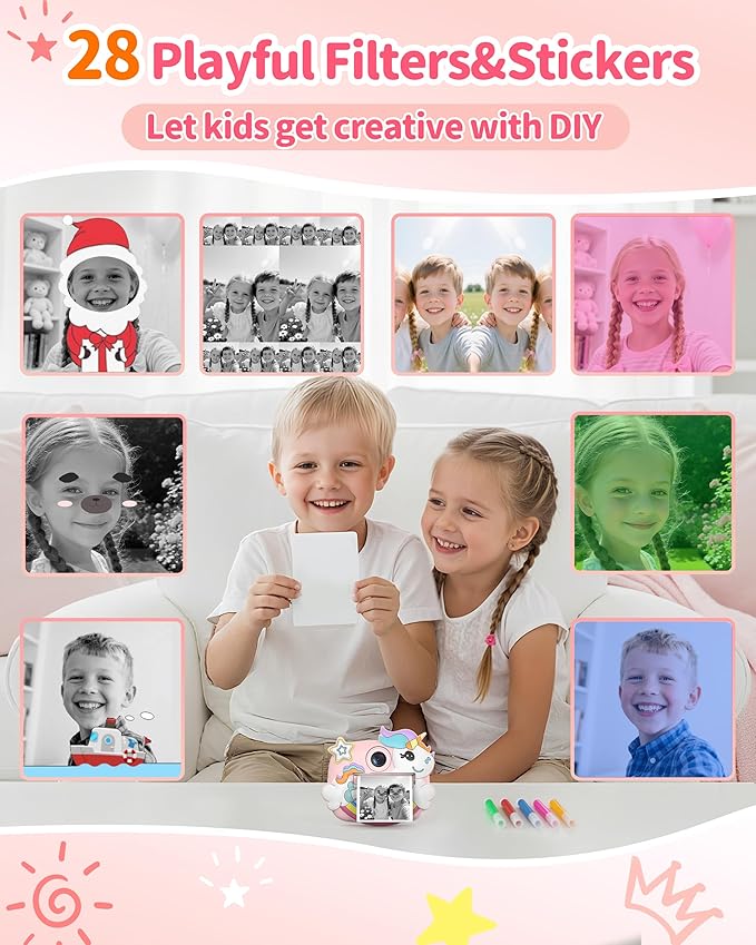 Kids Camera Instant Print, 1080P Digital Camera for Kids with 32GB SD Card, Toddler Girl Toys Birthday Festival Gifts for 3 4 5 6 7 8 9 10 Year Old Girls, Portable Travel Toys for Girls Age 3-10