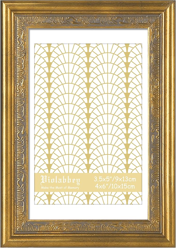 VIOLABBEY 4x6 Matte Gold Picture Frame, Display 3.5x5 Photo with Mat or 4x6 without Mat, Ornate Vintage 4 x 6 Matte Gold Frame for Wall Decor or Tabletop Display