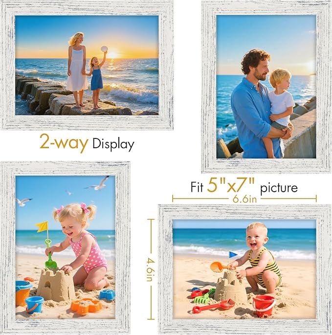Vittanly 5x7 Picture Frame, Made of Solid Wood and Shatterproof Plexiglass, Wooden Photo Frame for Wall Mounting or Tabletop Display, Picture Frame for Home Decor with Stand, Distressed White, 1 Pack