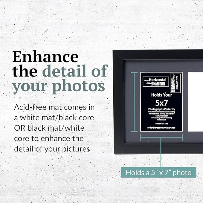 Creative Letter Art - 3 Opening 5x7 Black Picture Frame with 10x20-inch Black Mat Collage including Full Strength Glass, Alphabet Photography