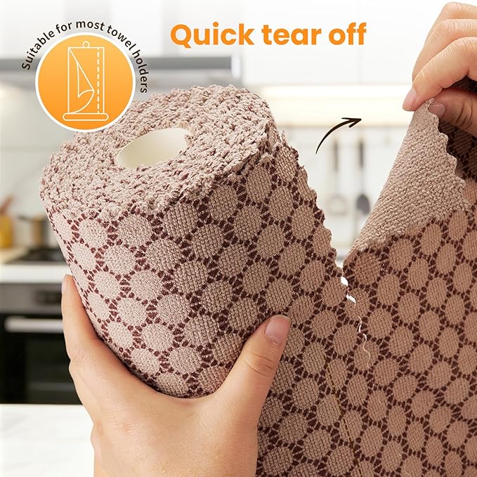 Microfiber Cleaning Cloth Roll, 50-Count, Reusable, Durable, Absorbent, Lint-Free Non-Scratch Towels, Dish Rags for Kitchen, Home, Window & Screens, Paper Towel Alternative, Brown Dot, 12x12 in