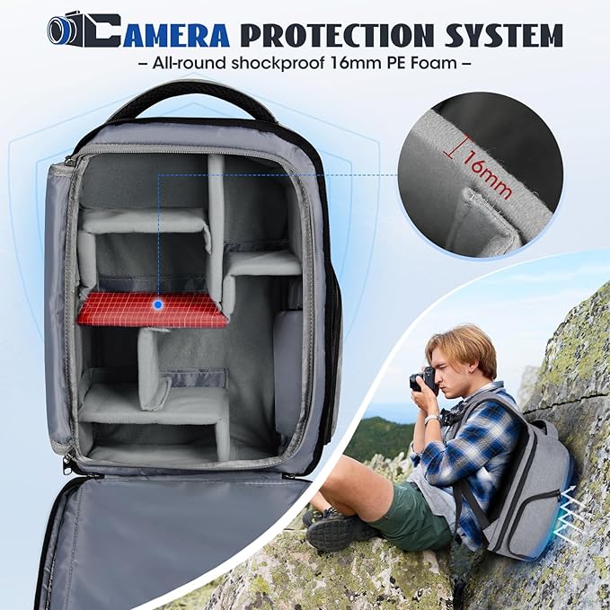 Camera Backpack Camera Bag for Photographers DSLR SLR Mirrorless Camera Cases with Waterproof Rain Cover & Laptop Compartment Fits 14 Inch Laptop,Anti Theft Travel photography backpack,Grey