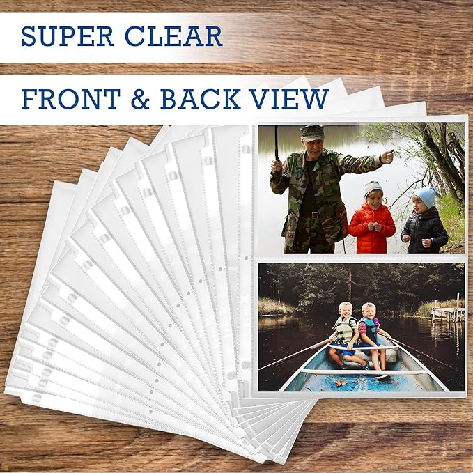 Samsill 100 Pack 5x7 Photo Album Refills, 100 Pictures, 3-Ring Binder Photo Sleeve Inserts, 2 Pocket Photo Page for 5x7 Photographs, Postcards, Recipe Cards, 400 Pictures Total