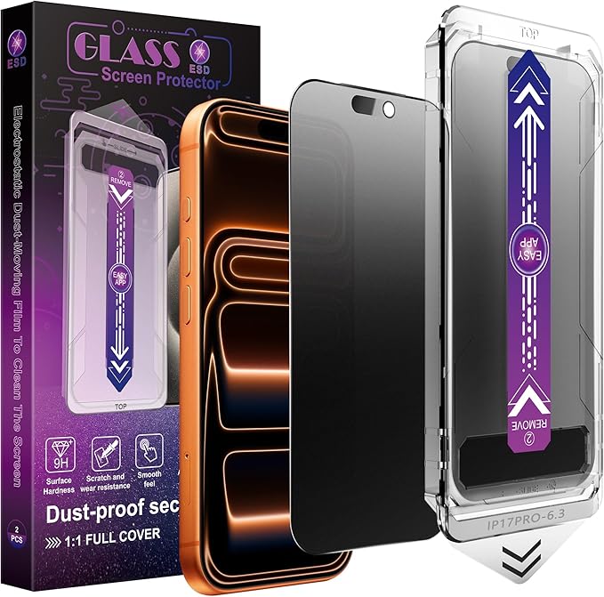SHANG PIN JIA 2 Pack Matte Privacy Screen Protector for iPhone 17 Pro 6.3-Inch Auto Dust Removal, No Bubbles,Anti-Spy Tempered Glass Film, Easy Installation