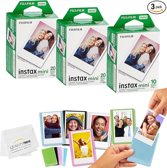Fujifilm Mini Instax Films + Colored Magnet Photo Frames + Quality Photo Microfiber Cloth (50 Prints)