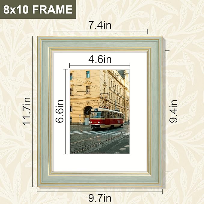 Vittanly 8x10 Picture Frame Set of 4, Vintage Photo Frame for Wall or Tabletop, Display 5x7 Pictures with Mat or 8x10 without Mat, Rustic Farmhouse Home Decor, Light Green